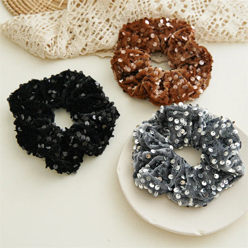 New Fashion Glitter Velvet Sequin Party Hair Accessories Solid Elastic Hair Bands Rope Hair Ties For Women