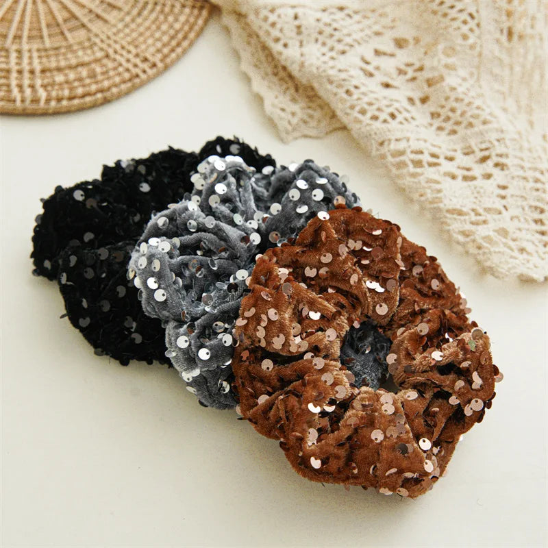 New Fashion Glitter Velvet Sequin Party Hair Accessories Solid Elastic Hair Bands Rope Hair Ties For Women