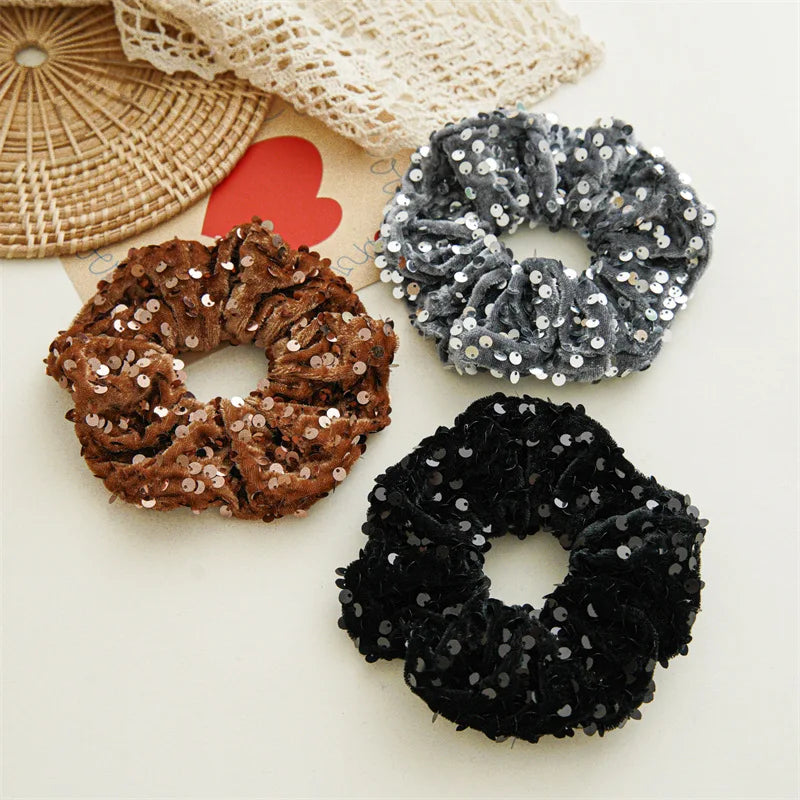 New Fashion Glitter Velvet Sequin Party Hair Accessories Solid Elastic Hair Bands Rope Hair Ties For Women